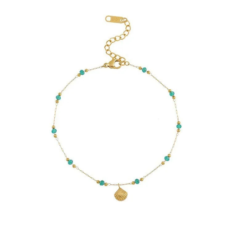 Bracelet de Cheville Style Géométrique avec Coquille et Perle – Acier Inoxydable Plaqué Or 18K