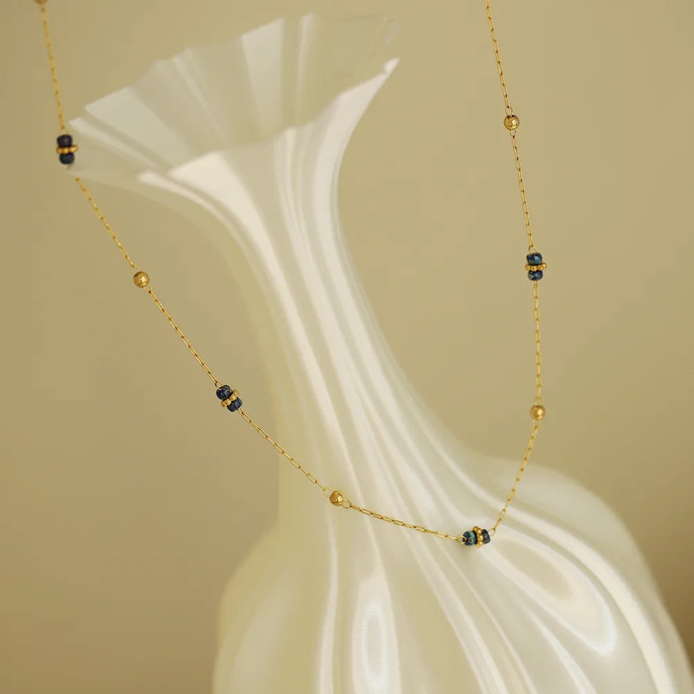 Collier Perles Lazuline, Boules Dorées & Acier Inoxydable
