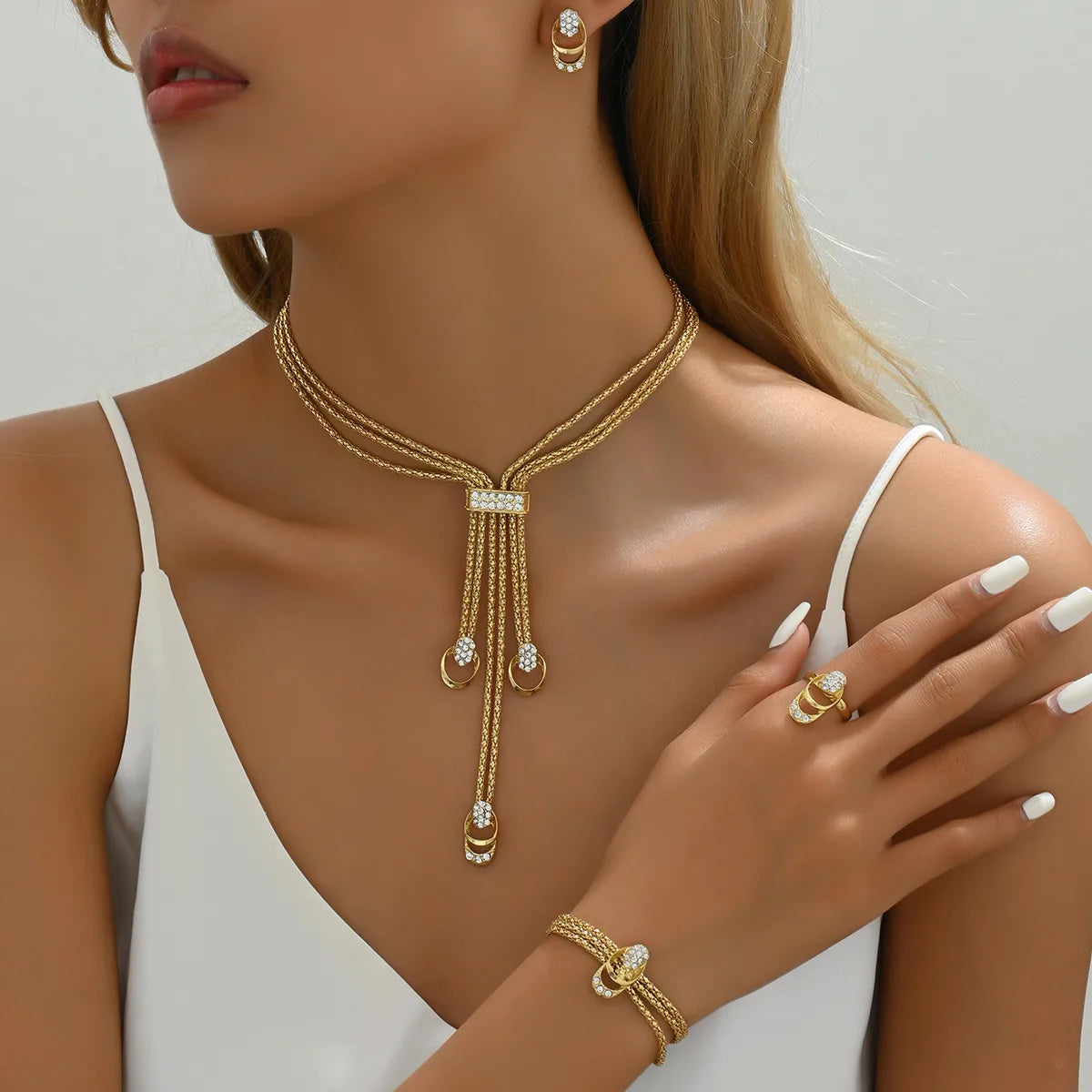Ensemble De Bijoux Élégant Géométrique Gland Strass Alliage Plaqué Or
