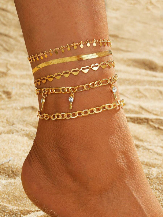 Set Bracelets de Cheville Dorés – 5 Chaînes Superposées avec Cœurs, Pampilles et Strass