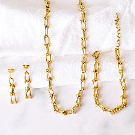 Parure Forme U en Acier Inoxydable - Collier, Bracelet et Boucles d'Oreilles Plaqué Or 18K