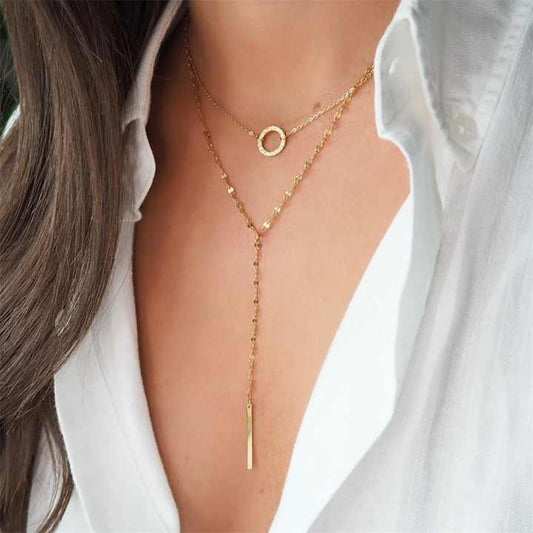 Collier Double Rang Femme – Style Minimaliste avec Cercle et Barre Pendante