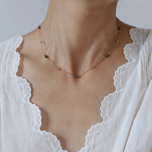 Collier Perles  Lazuline, Boules Dorées & Acier Inoxydable